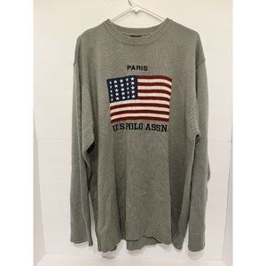 US Polo Assn Men's Gray American Flag Paris Pullover Sweater Acrylic Size XXL 2X